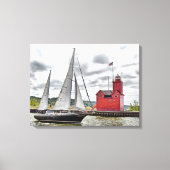 Grote Rode Michigan vuurtoren en zeilboot Canvas Afdruk (Voorkant)