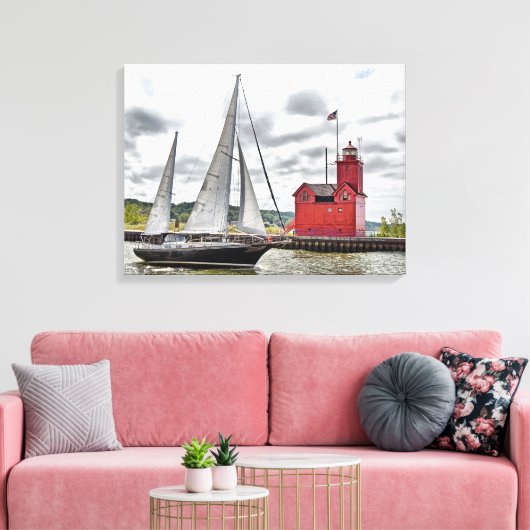 Grote Rode Michigan vuurtoren en zeilboot Canvas Afdruk (Insitu (Woonkamer))