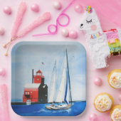 Grote Rode Michigan vuurtoren en zeilboot Papieren Bordje (Feest)