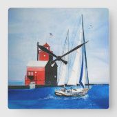 Grote Rode Michigan vuurtoren en zeilboot Vierkante Klok (Voorkant)