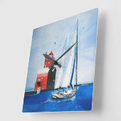 Grote Rode Michigan vuurtoren en zeilboot Vierkante Klok (Hoek)