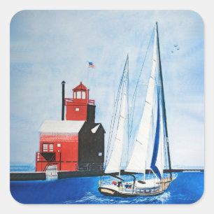 Grote Rode Michigan vuurtoren en zeilboot Vierkante Sticker