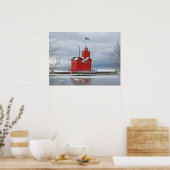 Grote rode Michigan vuurtoren met zwanen Poster (Keuken)