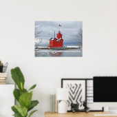 Grote rode Michigan vuurtoren met zwanen Poster (Thuiskantoor)