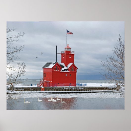 Grote rode Michigan vuurtoren met zwanen Poster (Voorkant)