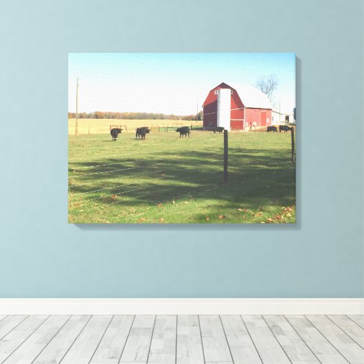 Grote rode schuur en vee weide canvas afdruk (Insitu (Houten vloer))