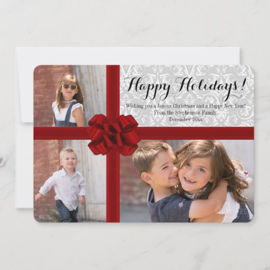 Grote Rode Strik 3 Foto Kerstkaart (Voorkant)