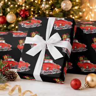 Grote rode vintage auto, cadeaus en kerstman kerst cadeaupapier