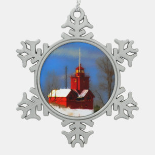 Grote Rode Vuurtoren die - Origineel Art. Tin Sneeuwvlok Ornament