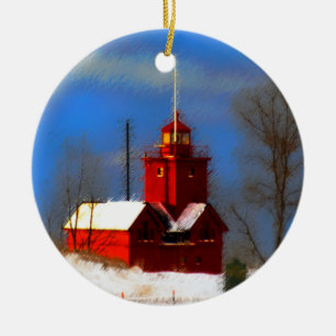 Grote Rode vuurtoren schilderen - Oorspronkelijke  Keramisch Ornament