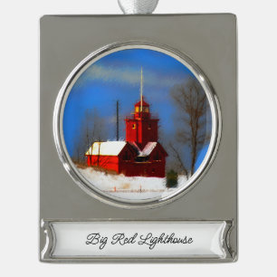 Grote Rode vuurtoren schilderen - Oorspronkelijke  Verzilverd Banner Ornament