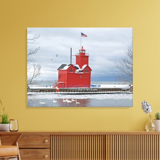 Grote rode vuurtoren van Michigan met zwanen Canvas Afdruk (Insitu (Woonkamer))