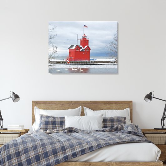 Grote rode vuurtoren van Michigan met zwanen Canvas Afdruk (Insitu (Slaapkamer))