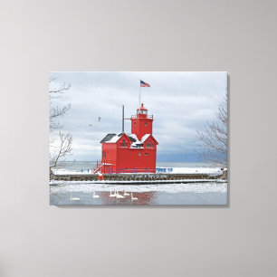 Grote rode vuurtoren van Michigan met zwanen Canvas Afdruk
