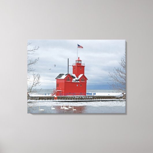 Grote rode vuurtoren van Michigan met zwanen Canvas Afdruk (Voorkant)
