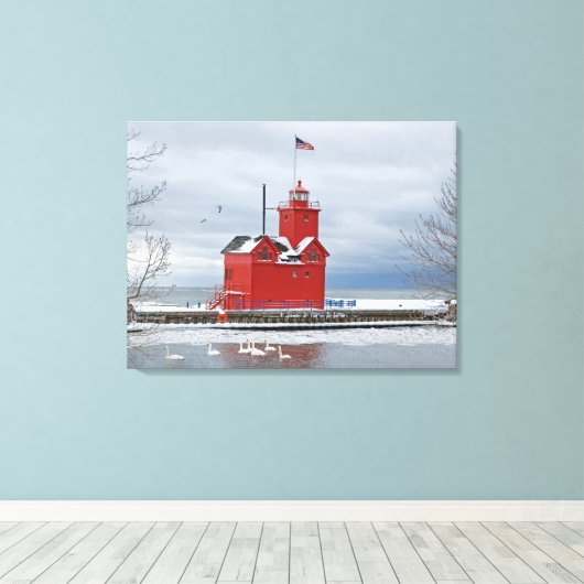 Grote rode vuurtoren van Michigan met zwanen Canvas Afdruk (Insitu (Houten vloer))
