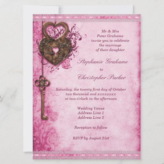 Grote romantische harten slot en sleutel roze brui kaart (Achterkant)