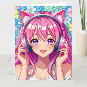 Grote Roze Anime Meisje met Hoofdtelefoon Verjaard Kaart