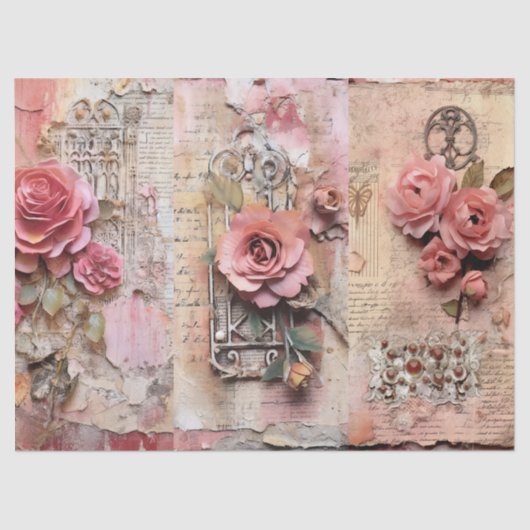 Grote  Roze Bloemen Collage Decoupage Tissuepapier (Voorkant)