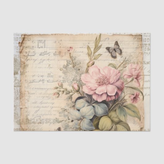 Grote Roze Bloemen en Knoppen Vlinder Script Tissuepapier (Voorkant)