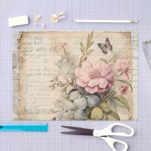 Grote roze bloemen en knoppen vlinderscript tissuepapier (Craft)