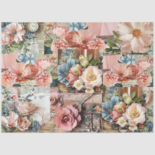 Grote Roze Bloemen Ephemera Collage Tissuepapier (Voorkant)