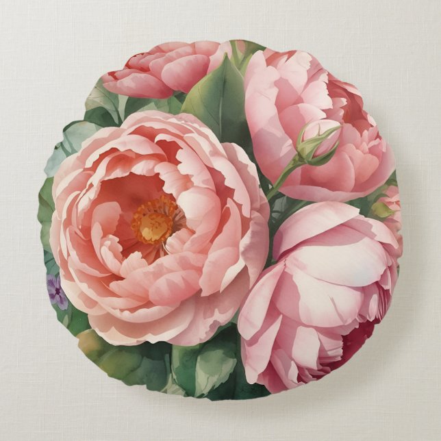 Grote Roze Bloemen uit het Verleden Rond Kussen (Voorkant)