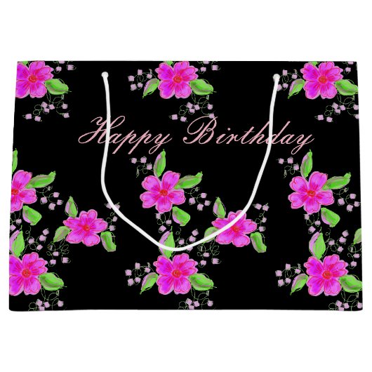 Grote Roze Bloemen Zwarte Verjaardag Gift-bag Large Cadeautasje (Voorkant)