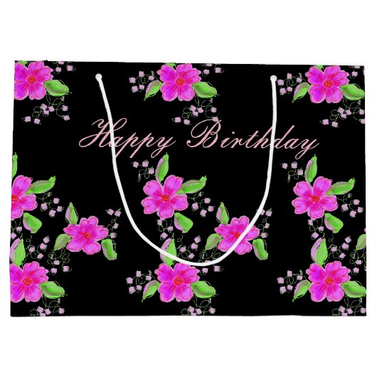 Grote Roze Bloemen Zwarte Verjaardag Gift-bag Large Cadeautasje (Achterkant)