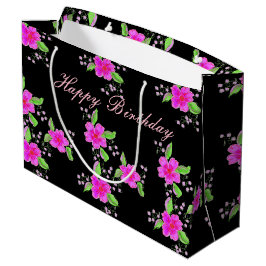 Grote Roze Bloemen Zwarte Verjaardag Gift-bag Large Cadeautasje