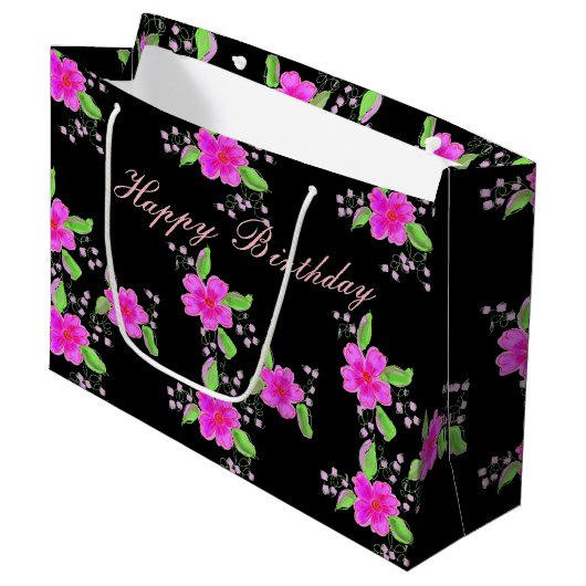 Grote Roze Bloemen Zwarte Verjaardag Gift-bag Large Cadeautasje (Voorkant Gekanteld)