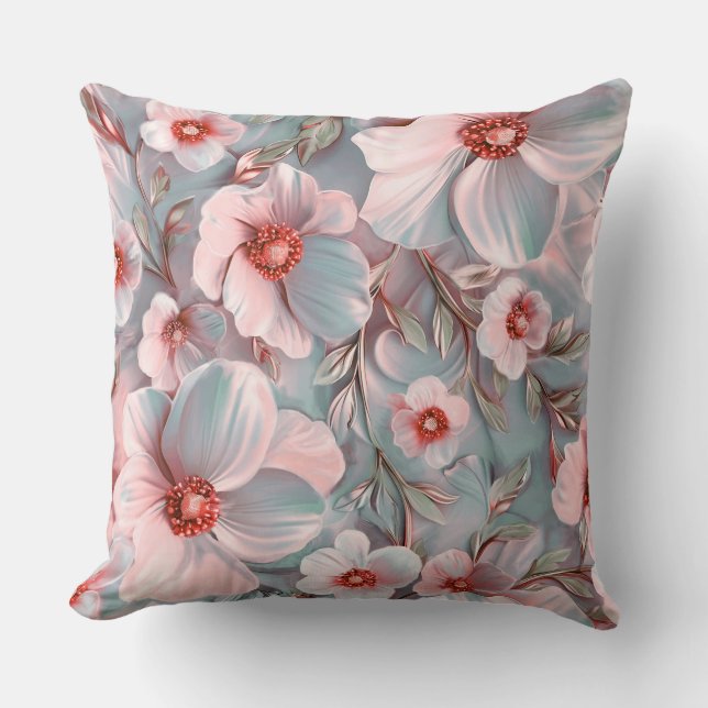 Grote roze en blauwe bloemen kussen (Voorkant)