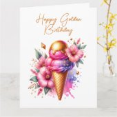 Grote Roze en Gouden Ijs Gouden Verjaardag Kaart (Gele Bloem)