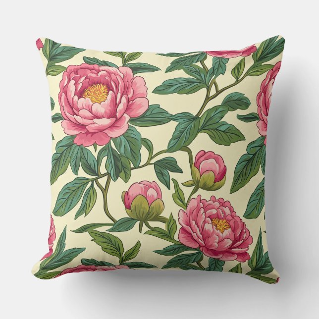 Grote Roze en Groene Chinoiserie Peony Floral Kussen (Voorkant)