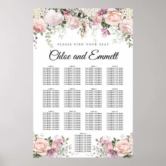 Grote roze Floral 13-tafel weduwenkaart Poster (Voorkant)