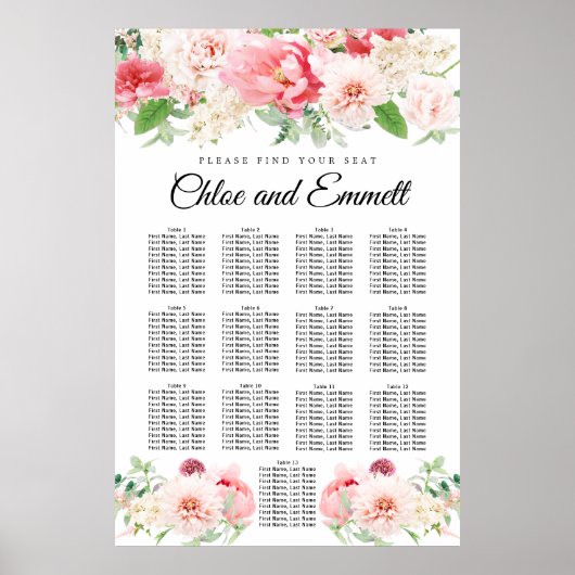 Grote roze Floral 13-tafel weduwenkaart Poster (Voorkant)