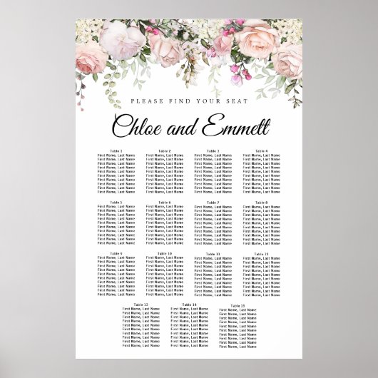 Grote roze Floral 15-tafel weduwenkaart Poster (Voorkant)