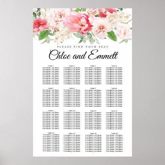 Grote roze Floral 16-tafel weduwenkaart Poster (Voorkant)