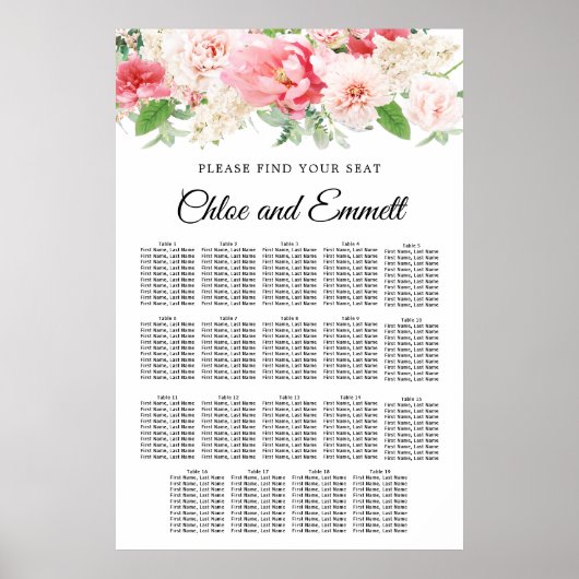 Grote roze Floral 19-tafel weddenschapenkaart Poster (Voorkant)