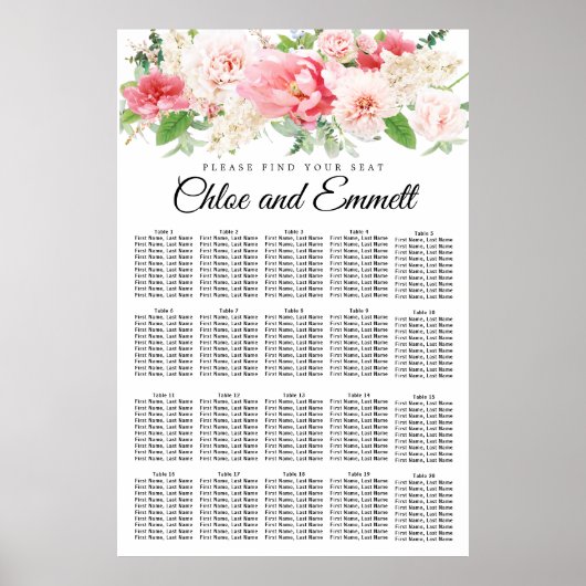 Grote roze Floral 20-tafel weddenschapenkaart Poster (Voorkant)