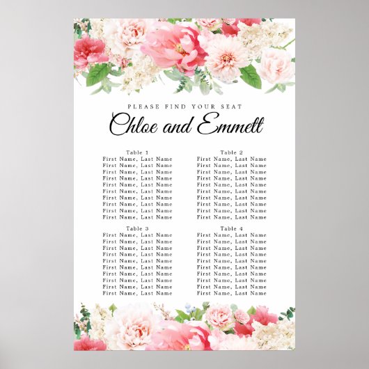 Grote roze Floral 4-tafel weduwenkaart Poster (Voorkant)