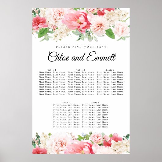 Grote roze Floral 5-tafel weduwenkaart Poster (Voorkant)