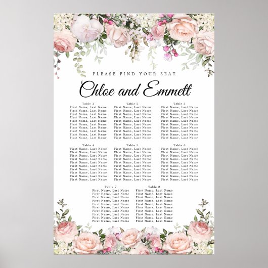 Grote roze Floral 8-tafel weduwenkaart Poster (Voorkant)