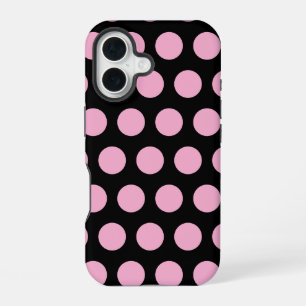Grote Roze Polka Dots op Zwart iPhone 16 Hoesje