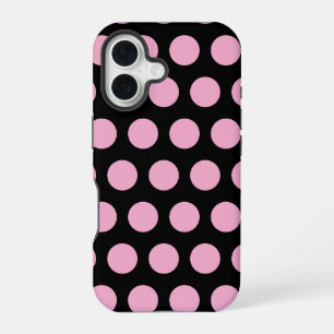 Grote roze polka stippen op zwart iPhone 16 hoesje