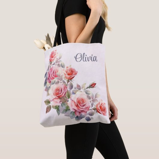 Grote roze rozen gepersonaliseerd tote bag (Dichtbij)