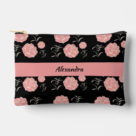  grote roze rozen met bladeren op zwart etui (Voorkant)