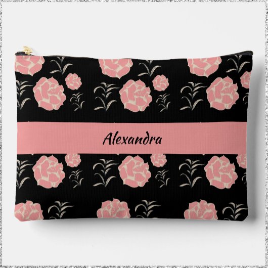  grote roze rozen met bladeren op zwart etui
