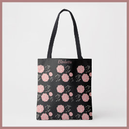  grote roze rozen met bladeren op zwart tote bag