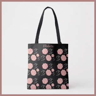  grote roze rozen met bladeren op zwart tote bag